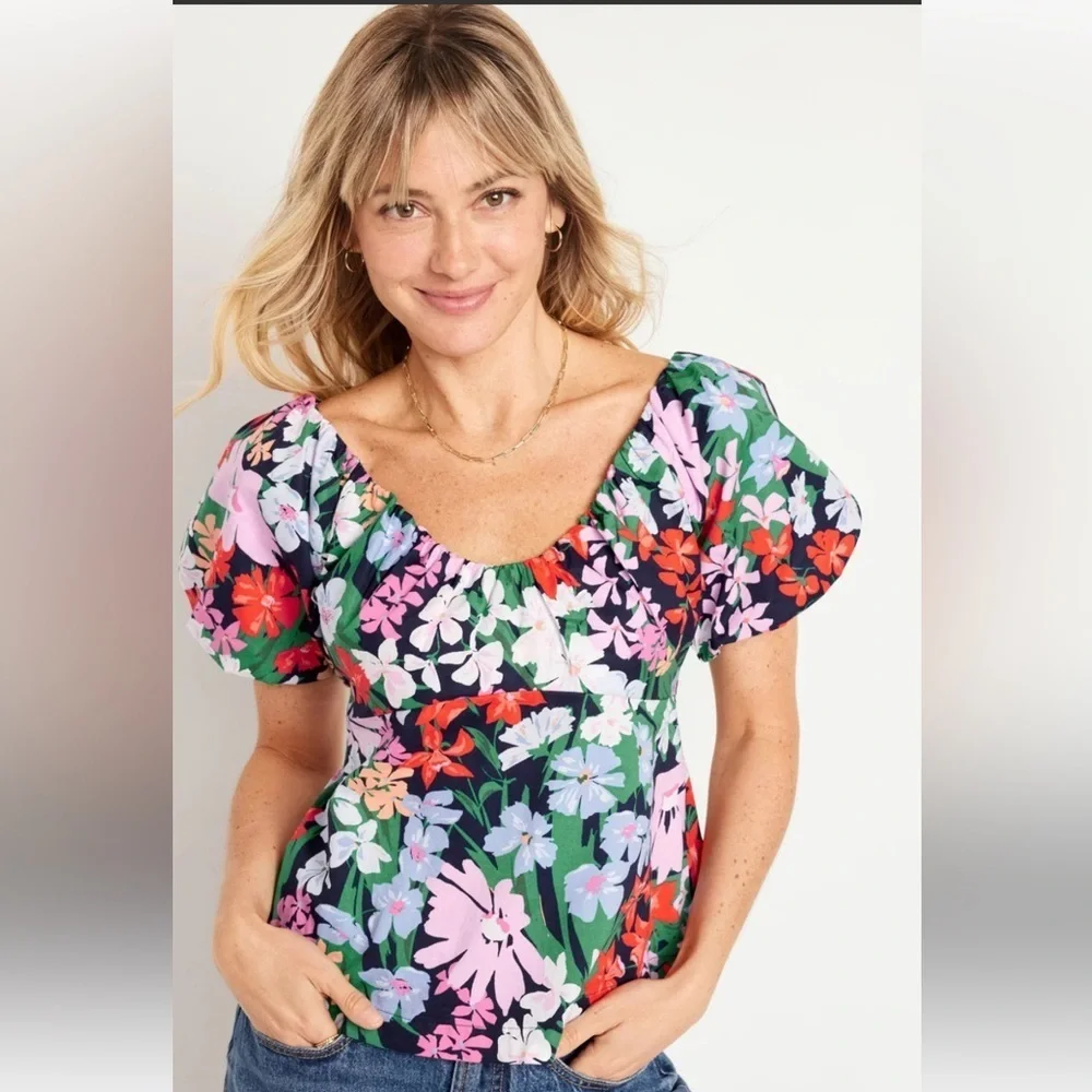 Old Navy Size Medium Floral Print Waist-Defined Puff Sleeve V-Neck Top Cotton